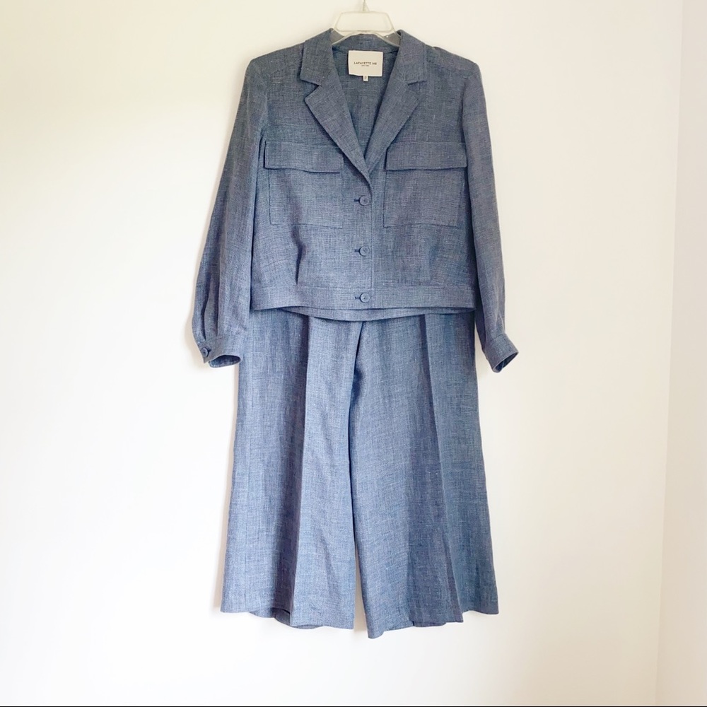 2Pc Lafayette 148 Conall Jacket and Dalton Wide Leg Pants Linen Blend Bluestone